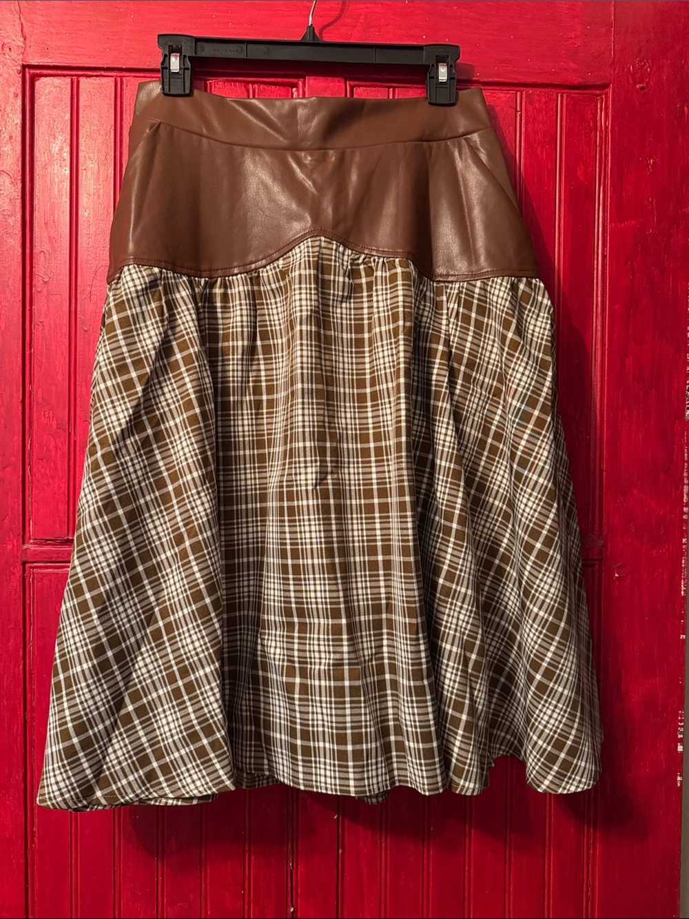 Brown Plaid A-Line Midi Skirt with Faux Leather Waistband